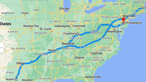 A google maps image of the eastern half of the United States-- marking the road trip we will be taking from Austin to Kentucky to Philadelphia.