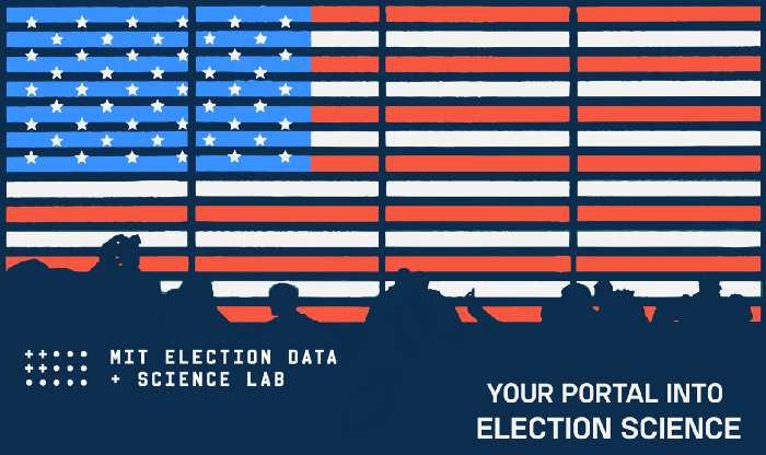 MIT Election Lab graphic of a US flag with silhouettes of people. Text reads "Your portal into election science".