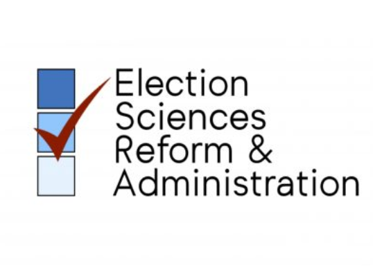 Three blue checkboxes are stacked vertically. Each checkbox is a slightly lighter shade of blue, with the darkest at the top and the lightest on the bottom. The middle box has a red checkmark through it. To the right of those boxes, text reads "Election Sciences Reform & Administration"
