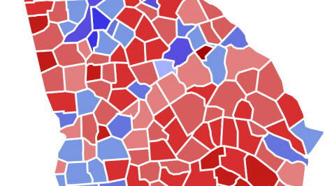 Map of county level results for 2018 gubernatorial race in Georgia. Overwhelmingly red with pockets of blue in/around metro Atlanta and near Georgetown.