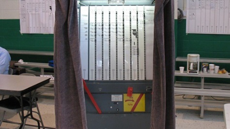 Photograph of a lever voting machine used to mark ballots on election day.