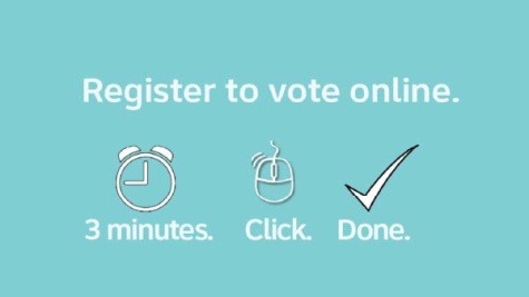 Graphic with text "Register to vote online. 3 minutes. Click. Done"
