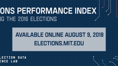 Graphic that display the release of the MIT Election Data and Science Lab's Election Performance Index (EPI) for 2016. "Available online August 9, 2018 at elections.mit.edu"