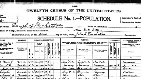 A black and white image of a hand-written census form from Manhattan during the "Twelfth Census of the United States" as the title reads, in the year 1900