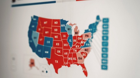 An image of a computer screen showing the 2020 election map and which states went blue and which states went red