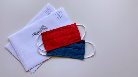 Mail in ballots next to a red and a blue mask