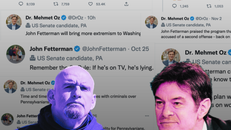 An image of John Fetterman, tinted blue, and Mehmet Oz, tinted red, against a backdrop of tweets from their respective Twitter account attacking each other.