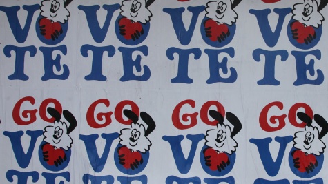 A wall that has been papered over with posters saying "Go Vote" in all-caps red and white letters. A cartoon dog with fluffy cheeks and long ears is peeking through the "o" in "vote."