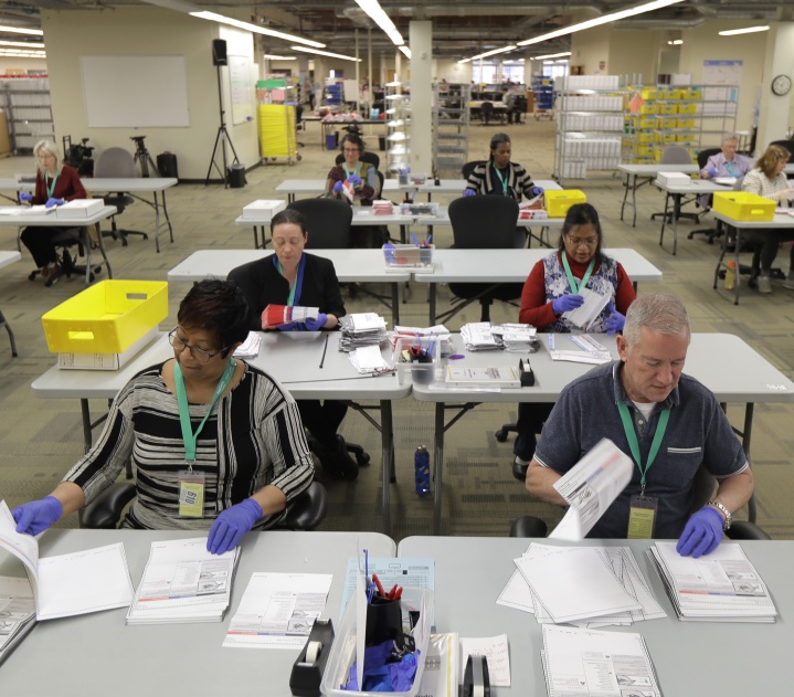 A room full of election workers processing ballots.