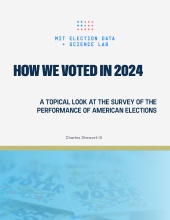 An image of the cover of the 2024 SPAE report. The text reads "How We Voted In 2024: A topical look at the Survey of the Performance of American Elections." Below the title is the author's name: Charles Stewart III. Under the text, which is on a light grey background, there is a narrow gold stripe. Under that, there is a photo of a messy pile of colorful stickers, all saying "Be a Voter" in cheerful hand-written block letters. The photo is overlaid with a light blue wash of color.