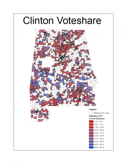 Map of Alabama with breakdown of voting tabulation districts. Map shows Clinton vote share in each VTD.