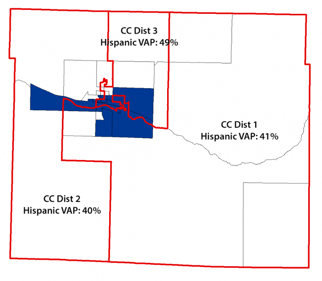 A map of square Ford Cty, Kansas county commission districts, overlaid by the majority Hispanic VAP block groups and census block group lines. Notably, the county commission districts cut across block lines and the majority Hispanic VAP block group lines.
