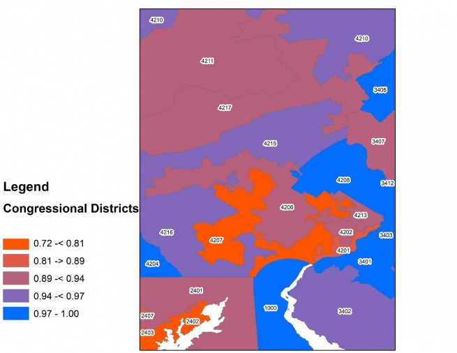 This graph shows results by ZIP codes to congressional districts around the Philadelphia area for districts in place during 2016. 