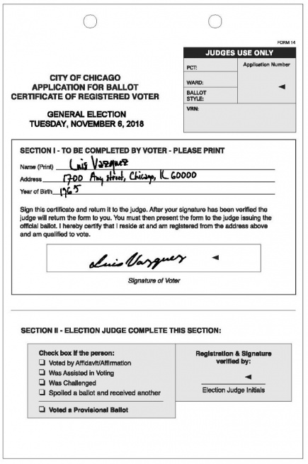 Application for ballot certificate of registered voter for the city of Chicago. Section 1, labeled "To be completed by voter" has voter Luis Vasquez's name, address, year of birth, and signature handwritten. Section II - "Election judge complete this section" is empty and contains checkboxes re: if the voter voted by affidavit, was assisted in voting, was challenged, spoiled a ballot and received another, or voted a provisional ballot.