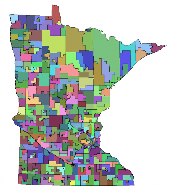 A colorful patchwork district map of Minnesota depicts the state's county commission districts.