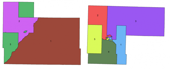 Commission districts in Edwards County, KS (left) and Finney County, KS (right). Edwards depicts 3 districts: D1 composes most of the county, including the central and eastern thirds. D2 is cut like a perpendicular vertical S. D3 fills the squares on either corner of the S and one small island in D2. Finney Cty contains 5 districts that divide most of the county in rectangles and L-shapes. A tiny dot in the center of the map has bits of each of the 5 counties, including several "islands".
