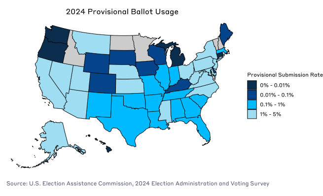 An infographic of the map of the United States showing the provisional ballot submission rate for all states that use provisional ballots.