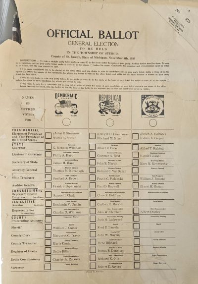 Image of a hand-counted paper ballot for the Township of Sturgis in St. Joseph County, Michigan. Image provided by the Sturgis Historical Museum.