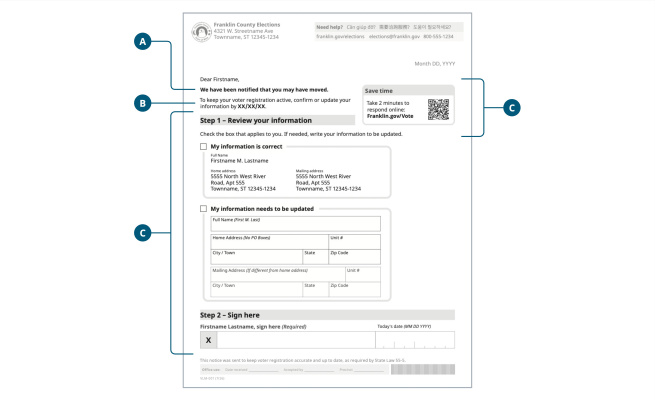 Notice to a voter that they may have moved, incorporating changes from previous testing.