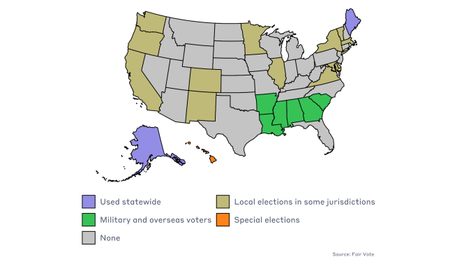 Map of the United States showing the prevalence of IRV elections. HI uses IRV for special elections, ME and AK use IRV for statewide elections, military and overseas voters use IRV in AR, LA, MS, AL, GA, SC, and numerous other states contain jurisdictions which use IRV for local elections.