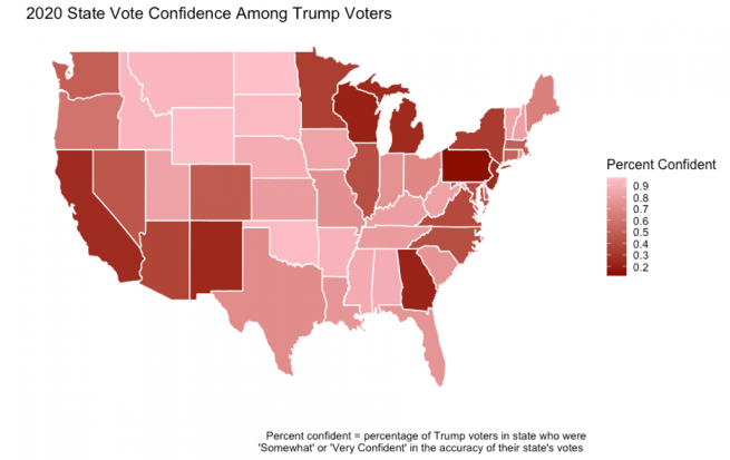 A map of the U.S. showing voter confidence in each state. The states are divided by percent confident, from 0.2 to 0.9.