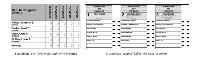 An infographic displaying the oval grid ballot (left) and the column ballot with arrows (right)