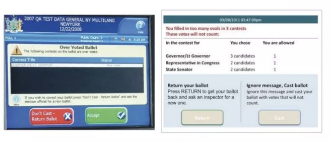 Two images of electronic ballot screens with prompts notifying the voter of overvoting behavior 