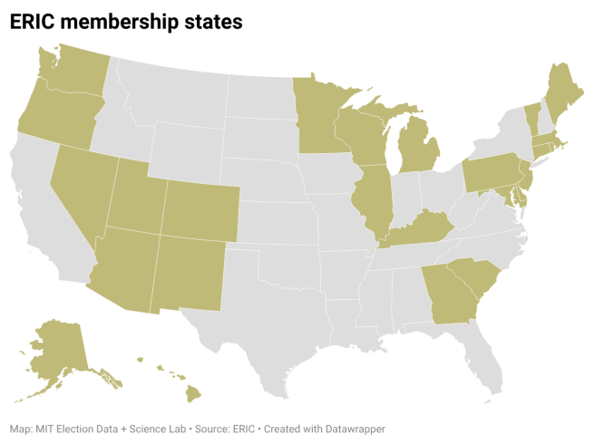 Map of the US showing ERIC membership status as of 2026. 26 of the states are colored gold, meaning they are in ERIC. The rest are grey, showing they are not in ERIC.