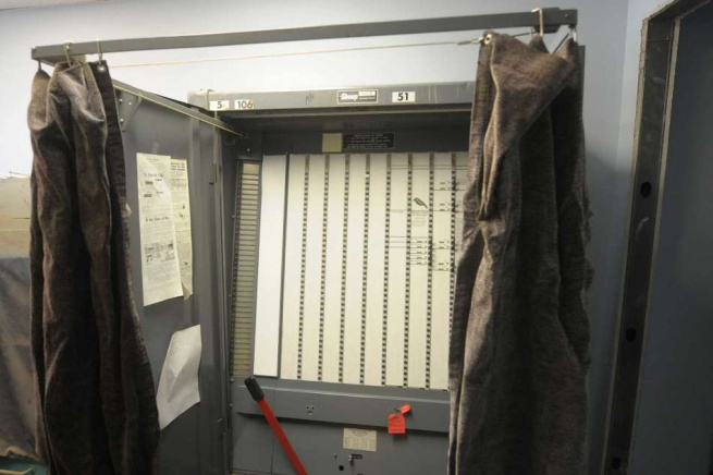 Image of a mechanical lever voting machine. Voters enter the booth and close the curtains for privacy before selecting their preferred candidates. They then pull the red lever to record their selections. Image provided by Paul Buckowski, Times Union.