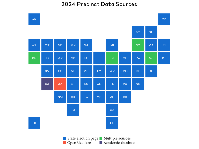 A map of the United States indicating where each state's 2024 election return data was sourced from, one of: State election page, multiple sources, OpenElections, Academic database. The vast majority of the data is drawn from state election pages.