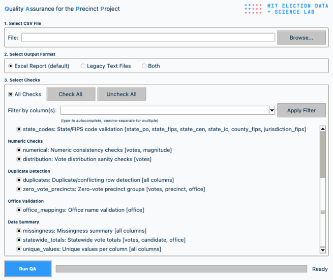 A screenshot of the GUI of the internal quality assurance tool used to validate precinct data.