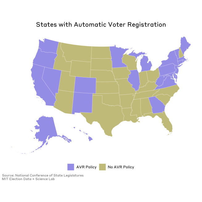 Map of the United States indicating which states do and do not have AVR.