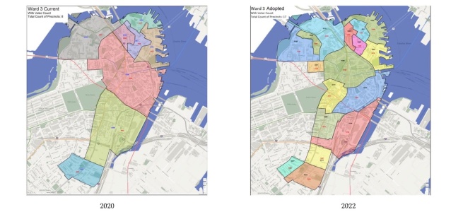 Aerial views of Boston’s third voting ward with precinct boundary divisions for 2020 (left) and 2022 (right).