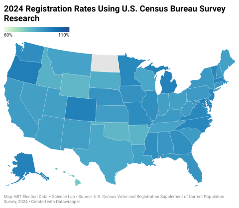 A map of the US showing voter registration rates based on responses to the 2024 Voting and Registration Supplement of the Current Population Survey, conducted by the U.S. Census. A lighter color indicates a lower registration rate, and a darker color indicates a higher registration rate.