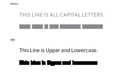 An image comparing the readability of all capital letters (upper) and upper/lowercase letters (lower)